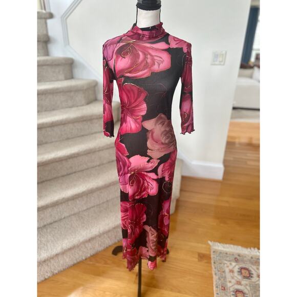 Moa Moa Dresses & Skirts - Vintage Y2K Mesh Sheer Black Red Floral Rose Metallic Gold Slip Dress